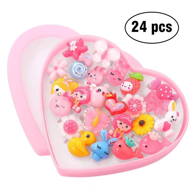 EU Kids Assorted Cute Resin Acrylic Cartoon Rings Toy with Plastic Storage Box Party Favors Girls Gift (Style Random)