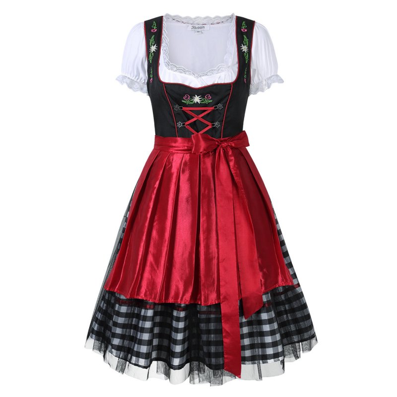 EU Kojooin Women's Oktoberfest Plaid Mesh Stitching Embroidery A Line Formal Dresses Suit