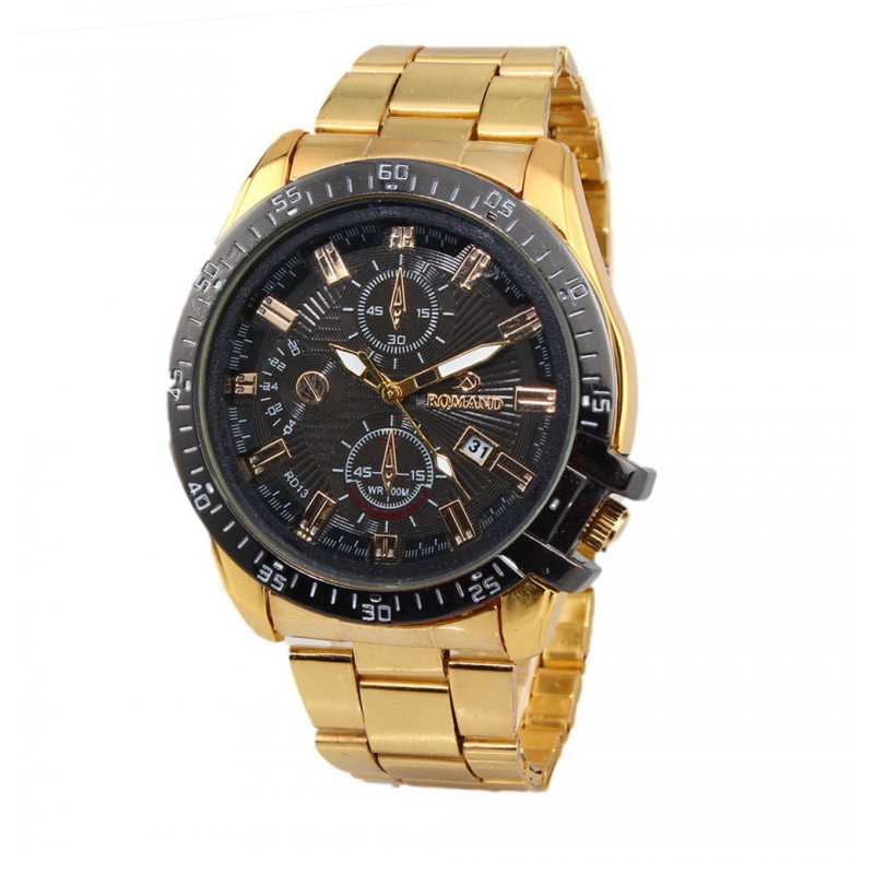 [EU Direct] Men Business Style Gold Stainless Steel Watch Round Dial Quartz Wristwatch with Calendar