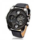  EU Direct  New in Box Oulm Military Genuine Black Leather 2 Timer Oversize Men s Watch Cool