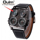  EU Direct  Oulm 1140 Men s Large Watch  Dual Time Zones  Compass  Thermometer   Big 5cm Multi Function Dial   Long 16 22cm Black Genuine Leather Strap  Square 
