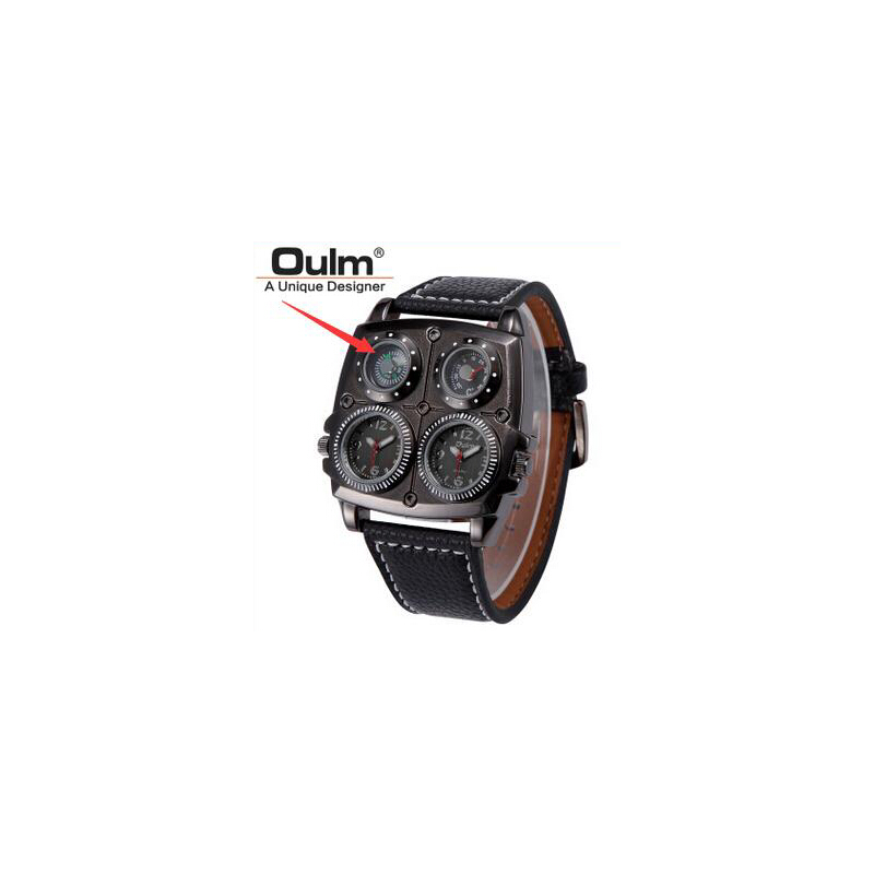 EU Oulm 1140 Men`s Large Watch. Dual Time Zones, Compass, Thermometer - Big 5cm Multi-Function Dial - Long 16-22cm Black Genu