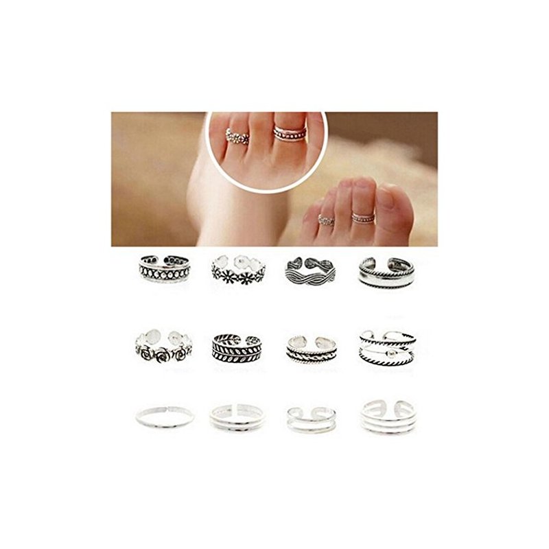 [EU Direct] Wholesale 12pcs Celebrity Fashion Simple Sliver Carved Flower Toe Ring Jewelry C