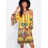  EU Direct  Women Casual Printing Bohemia Skirt Sexy Half Sleeve Strapless V neck Sling Dress yellow XL