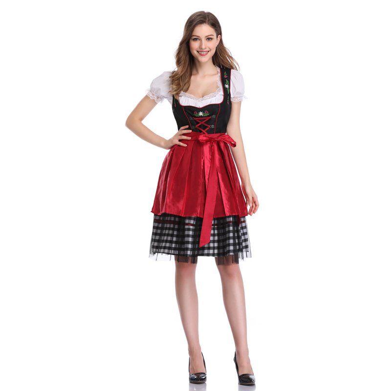 EU Women's Oktoberfest Plaid Mesh Stitching Embroidery A Line Formal Dresses Suit
