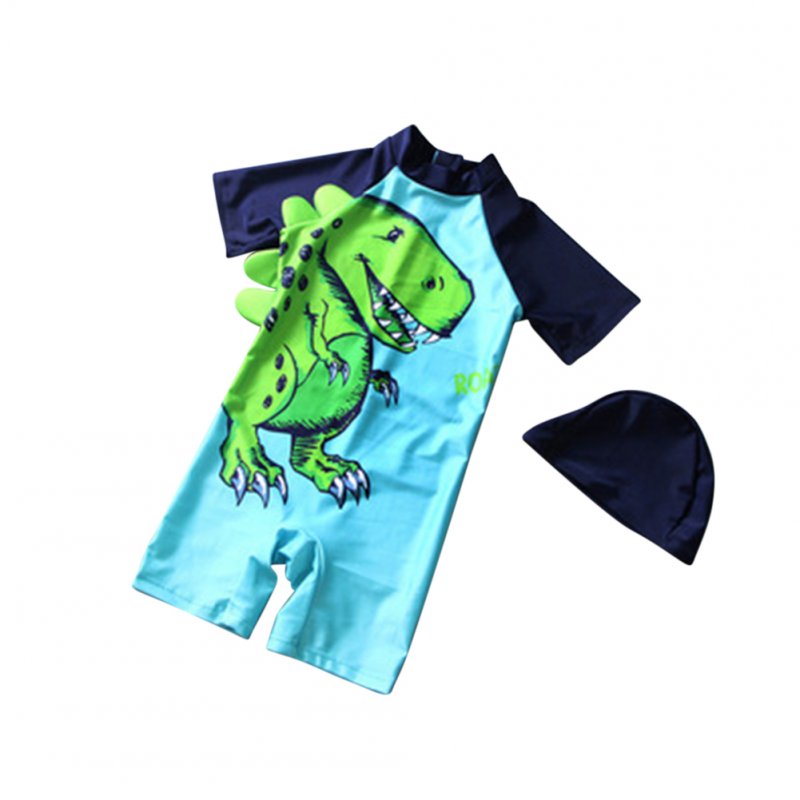 [Indonesia Direct] 2 Pcs/set Boys Kids Cartoon Dinosaur Printing Swimsuit Muslimah Swimwear with Cap Tyrannosaurus Rex (with cap)_L