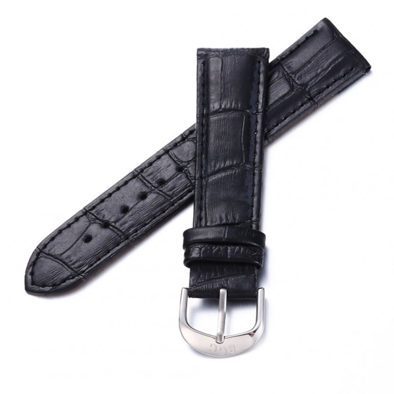 [Indonesia Direct] 20mm PU Leather Grain Strap Watchband Stainless Steel Buckle Replacement Wristband black