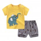 [Indonesia Direct] 2pcs/set Girls Boys Baby Cartoon Printing Short Sleeve Tops+Shorts Summer Suit Yellow elephant_80cm