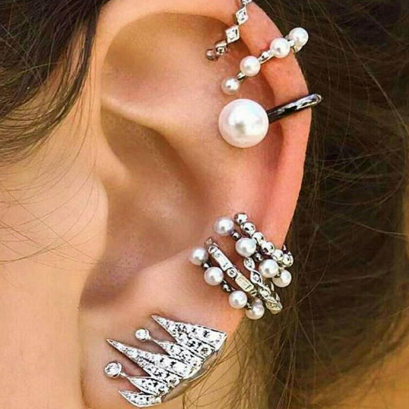 [Indonesia Direct] 9 Pcs/set Women Fashion Crown Pearl Ear Clip No Ear Hole Earring Jewelry Silver