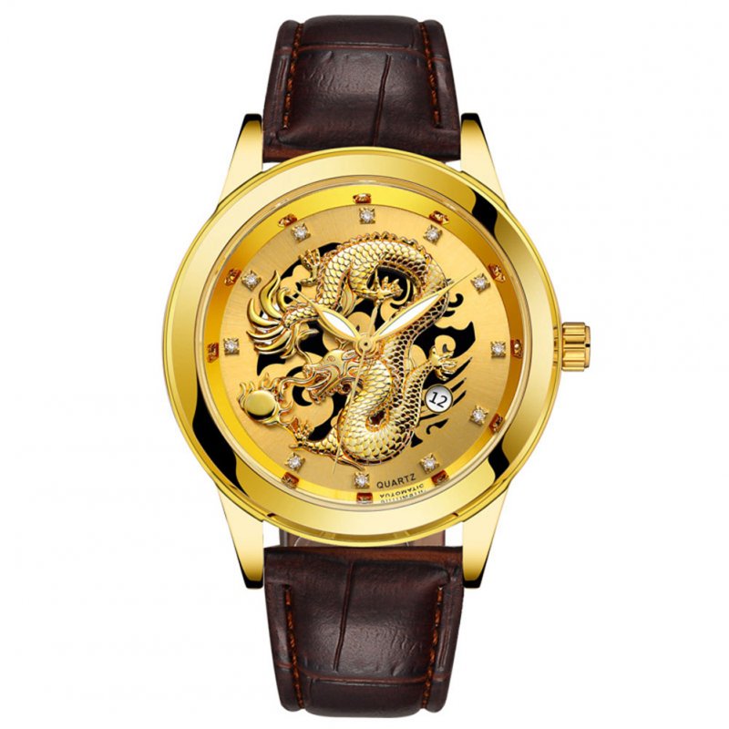 [Indonesia Direct] Men High-end Retro Quartz Watches Chic Dragon Phoenix Pattern Metal Strap Business Style Luminous Watch leather band gold surface