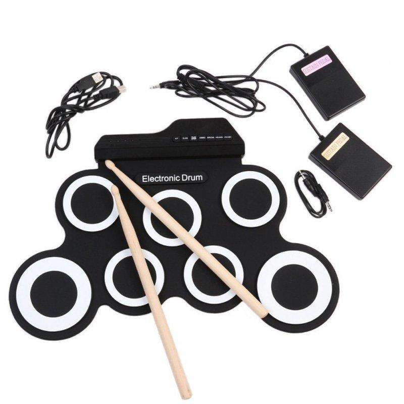 ID Portable Electronic Drum Digital USB 7 Pads Roll up Drum Set Silicone Electric Drum Pad Kit with DrumSticks Foot Pedal black