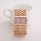 [Indonesia Direct] REALY Women's Quartz Diamond Case Alloy Bracelet Square Watch with Super Thin Hollow Strap Rose gold