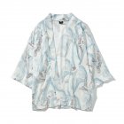 [Indonesia Direct] Unisex Vintage Ukiyo-E Pattern Kimono Loose Sleeve Cotton Shirts Tops Crane white_XL