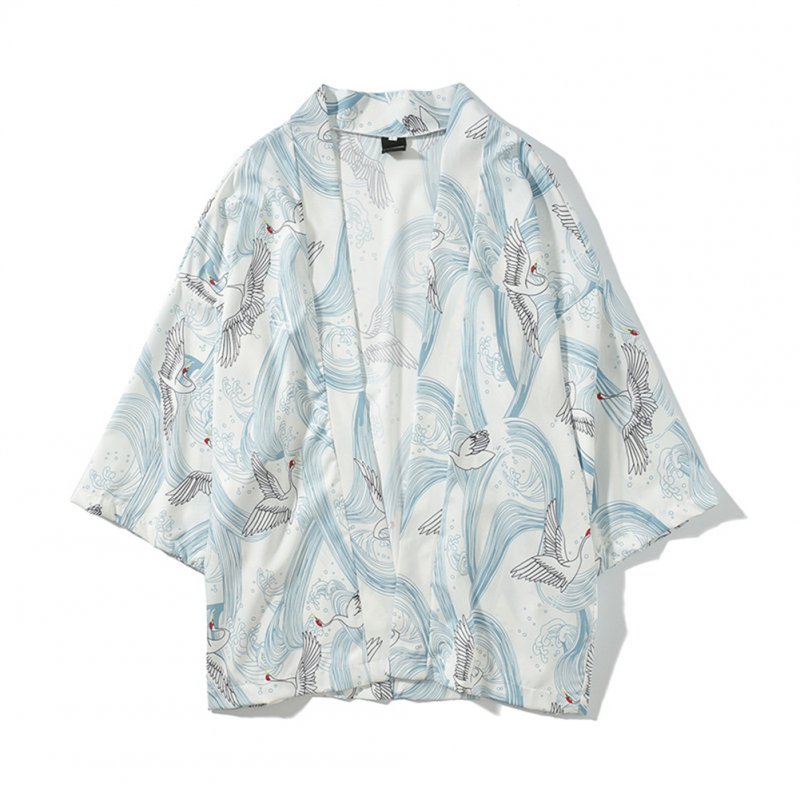 ID Unisex Vintage Ukiyo-E Pattern Kimono Loose Sleeve Cotton Shirts Tops Crane white_XL