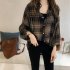  Indonesia Direct  Women Loose Plaid Pattern Long Sleeve Blouse black XL