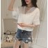  Indonesia Direct  Women Casual Simple V Neck T shirt Lace Hollow Loose All match Tops white L