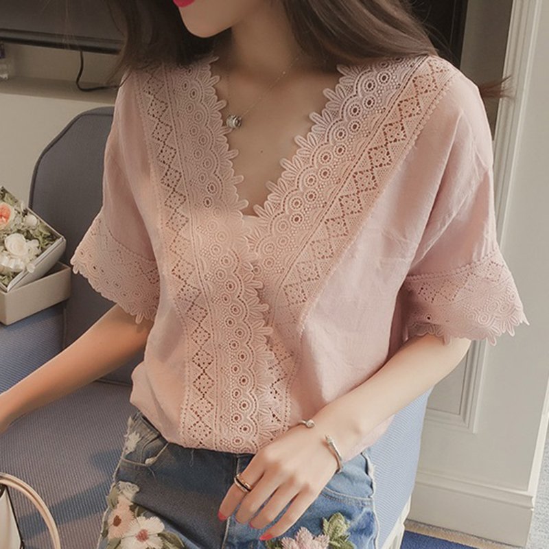 [Indonesia Direct] Women Casual Simple V Neck T-shirt Lace Hollow Loose All-match Tops Pink_2XL