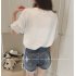  Indonesia Direct  Women Casual Simple V Neck T shirt Lace Hollow Loose All match Tops white M