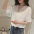  Indonesia Direct  Women Casual Simple V Neck T shirt Lace Hollow Loose All match Tops white M