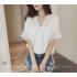  Indonesia Direct  Women Casual Simple V Neck T shirt Lace Hollow Loose All match Tops Pink 2XL