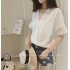  Indonesia Direct  Women Casual Simple V Neck T shirt Lace Hollow Loose All match Tops white M
