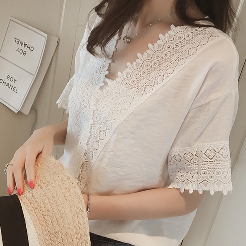 [Indonesia Direct] Women Casual Simple V Neck T-shirt Lace Hollow Loose All-match Tops white_M