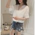  Indonesia Direct  Women Casual Simple V Neck T shirt Lace Hollow Loose All match Tops Pink M