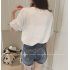  Indonesia Direct  Women Casual Simple V Neck T shirt Lace Hollow Loose All match Tops white XL