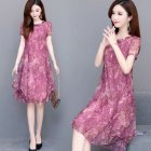 [Indonesia Direct] Women Summer Round Neckline Short Sleeve Print Loose Thin Dress purple_2XL