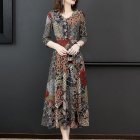 [Indonesia Direct] Women Fashion Lady Printing V-neck Three Quarter Sleeve Dress for Party Vacation 818# picture color_L