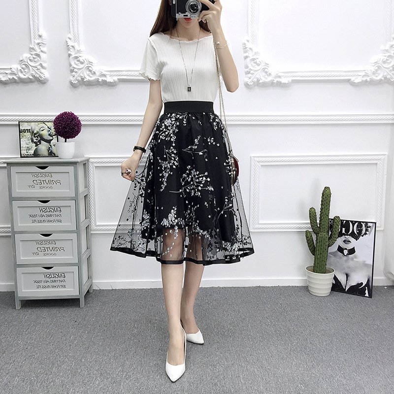 [Indonesia Direct] Women Summer Fashion Mesh Printing High Waist A-line Tutu Skirt black_One size