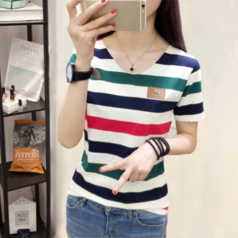 [Indonesia Direct] Women Summer Loose All-match V-neck Stripes Short Sleeve T-shirt Red and green stripes_XXL