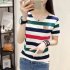  Indonesia Direct  Women Summer Loose All match V neck Stripes Short Sleeve T shirt Red and green stripes L