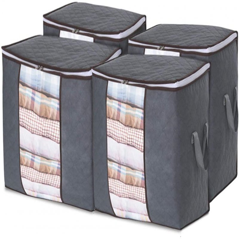 US 1 Set Foldable  Clothing  Storage  Bag Reinforced Handle Clear Window Sturdy Zipper Organizers Grey_Vertical