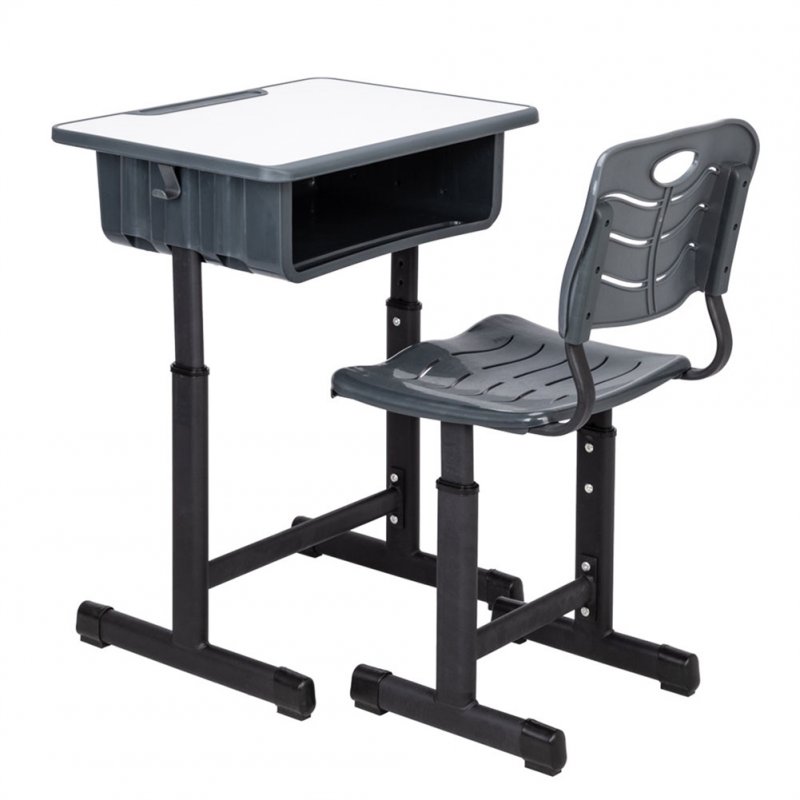 US 1 Set Student  Desk  Chair  Set  A Density Board Plastic Black Paint White Surface Ergonomic Children Sturdy Table(60x45x(67.5-76)cm) Gray black