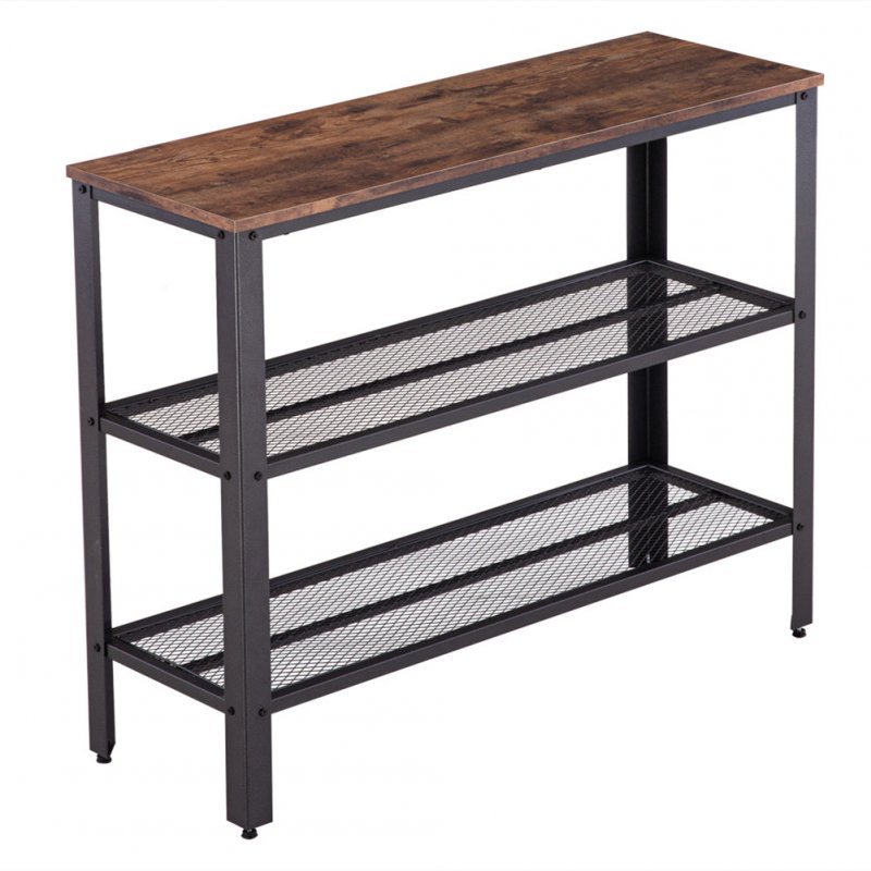 [US Direct] 101.5 X 35 X 80 Cm Three-layer Console  Table With 2-layer Iron Mesh  Cross Porch Table  Rotten wood