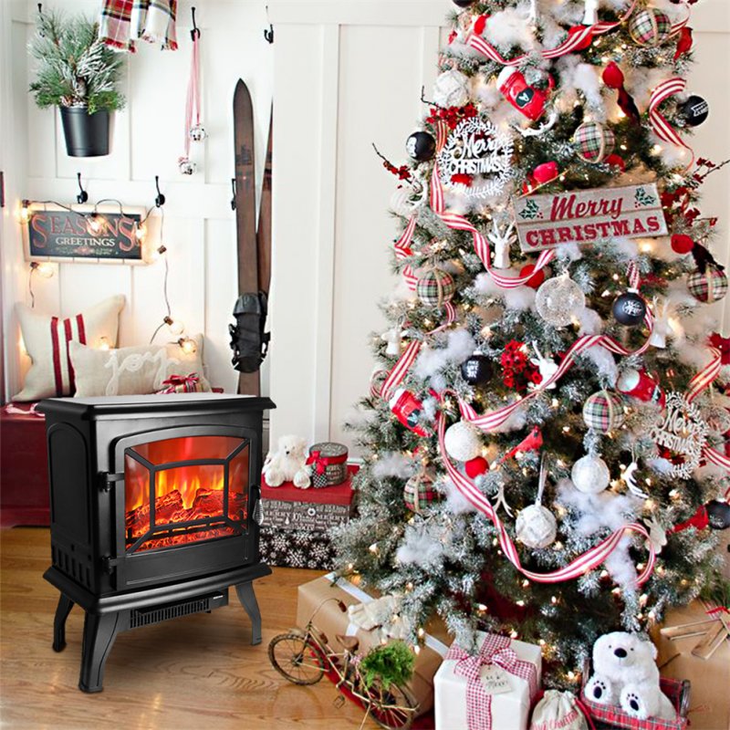 Us 1400w Freestanding Fireplace Wire Dual Mode Function Realistic Flame Black
