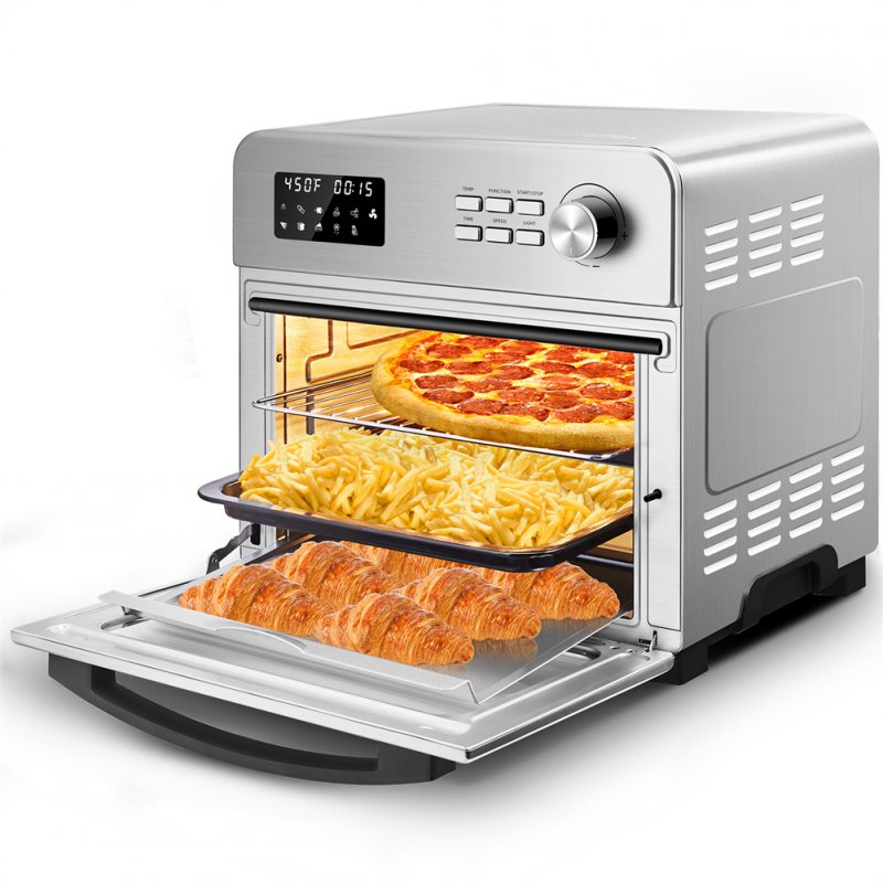 [US Direct] 24qt 6 Slice Air Fryer Stainless Steel Convection Toaster Oven Bake Roast Broil Reheat Rotisserie Fry Cooking Accessories silver