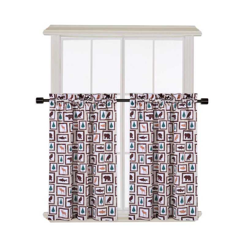 US 2pcs Christmas Theme Print Small Window Curtains Set Chocolate Frame