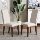 [US Direct] 2pcs/set Upholstered Dining  Chair Set Fabric Dining Chairs With Copper Nails+ Solid Wood Legs Light brown