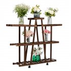 [US Direct] 3-layer 9-seat Wooden Plant Stand Indoor Outdoor Multi-functional Carbonized Corner Plant Shelf With Wheels Brown
