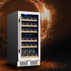 [US Direct] 30 Bottles/15-inch Dual Zone Wine  Cabinet Refrigerator Independent Temperature Controlled Double Tempered Glass Door Thermostatic Wine Cellar As shown