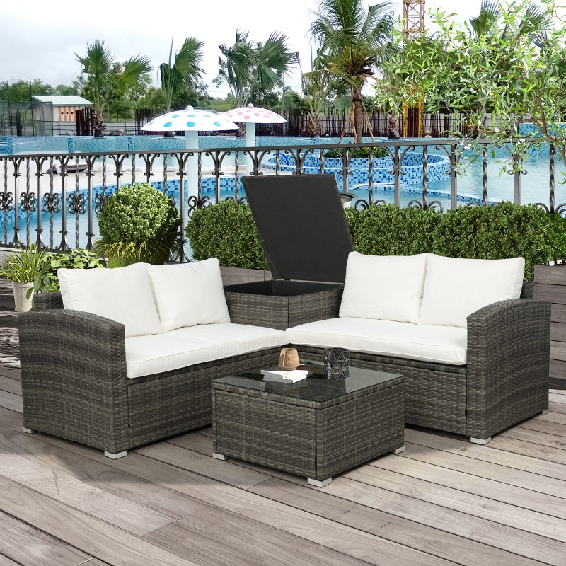 US 4 Pcs Outdoor Cushioned Pe Rattan Wicker Sectional Sofa Set Garden Patio Furniture Set (Beige Cushion)