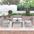 [US Direct] 4 Pieces Outdoor Furniture Rattan Chair & Table Patio Set Outdoor Sofa For Garden, Backyard, Porch And Poolside, Gray Gray Rattan