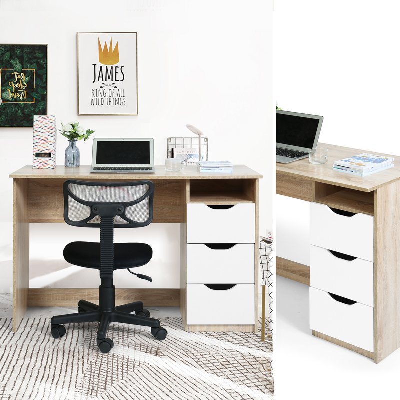[US Direct] 43.3”Wood Corner Writing Table with Shelf 3 Drawers Storage