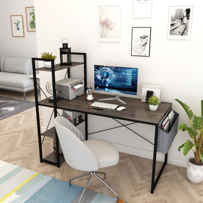 US 47” Industrial Style Home Office Computer Desk with Bookshelf and Fabric Storage Bag, Modern Simple Writing Desk Workstation for Small Space