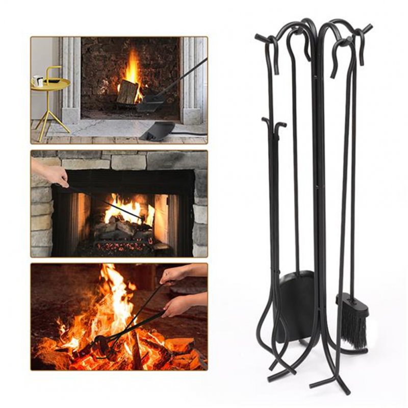 [US Direct] 5 In 1 Fireplace  Stove  Tools  Set Tongs  Shovel Heavy Duty Stand Holder Tool black_60931617
