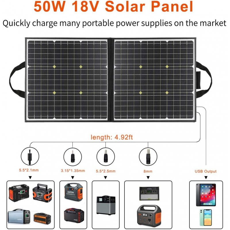 US 50W 18V Portable Solar Panel, Flashfish Foldable Solar Charger with 5V USB 18V DC Output Compatible with Portable Generator 48*47*4