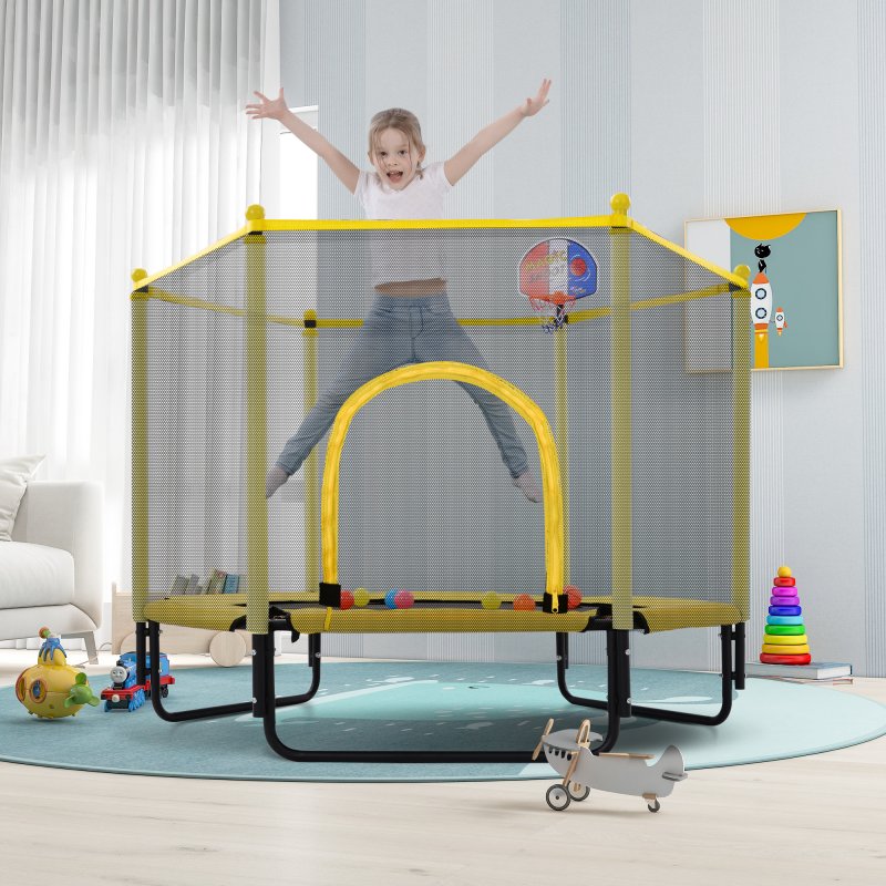 US 5FT Trampoline with Safety Enclosure Net, Outdoor & Indoor Mini Toddler Trampoline with Basketball Hoop, Yellow