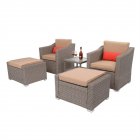 [US Direct] 5pcs Rattan Sofa 2pcs Single 2pcs Pedals 1pc Tempered Glass Coffee Table With Removable Washable Pad Khaki